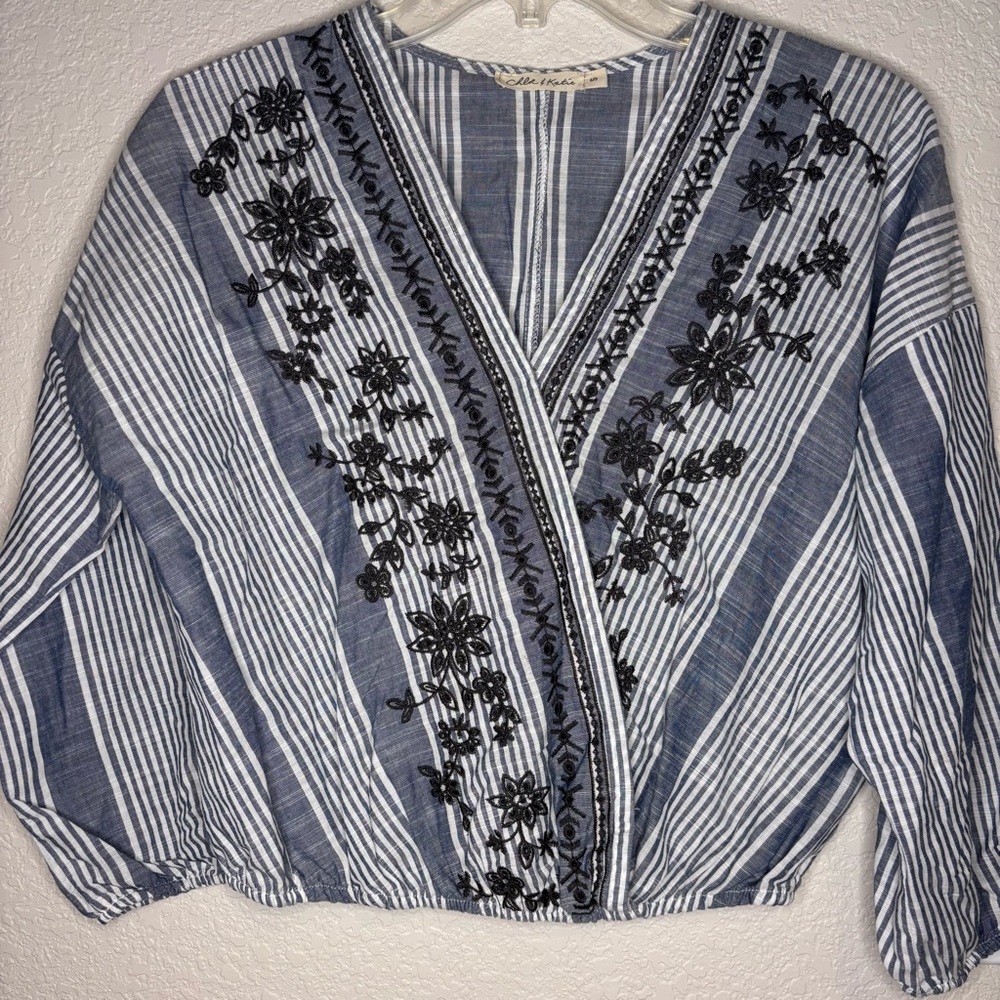Anthropology‎  Chloe & Katie Blue and White WrapBlouse with Embroidered front